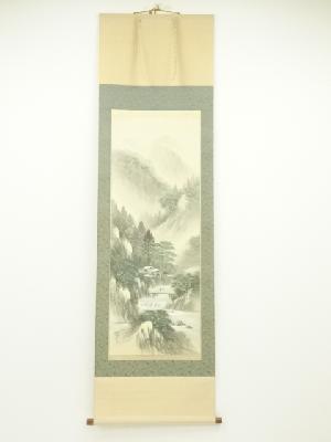 吉村舞堂筆　彩色山水　肉筆絹本掛軸（共箱）